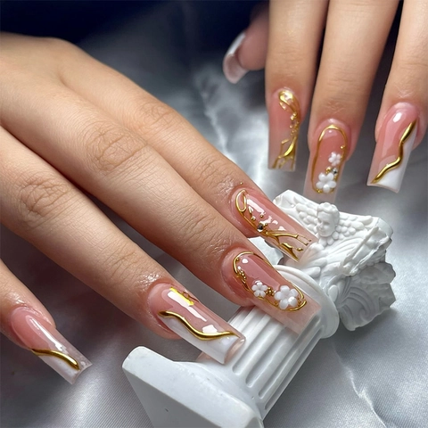 French Style Press On Nails Long Square 3D White Flower Gold Wire Decor Nude Pink False Nails For Women