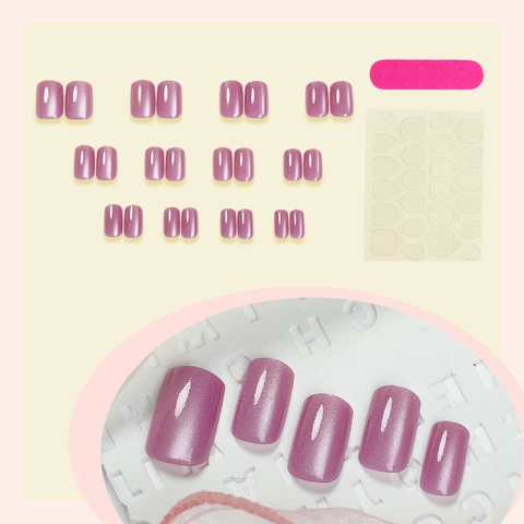 Purple Pink Cat Eye Press On Nails Pearlescent Shimmering Short Square Artificial Fingernails For Women Girls