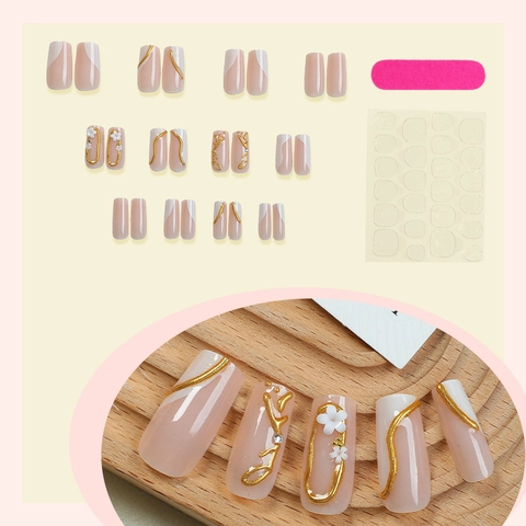 French Style Press On Nails Long Square 3D White Flower Gold Wire Decor Nude Pink False Nails For Women