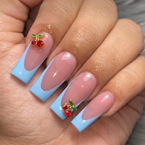 French Press On Nails With Cherry Rhinestone Decor Long Square False Nails Blue And Pink Sweet Style For Women