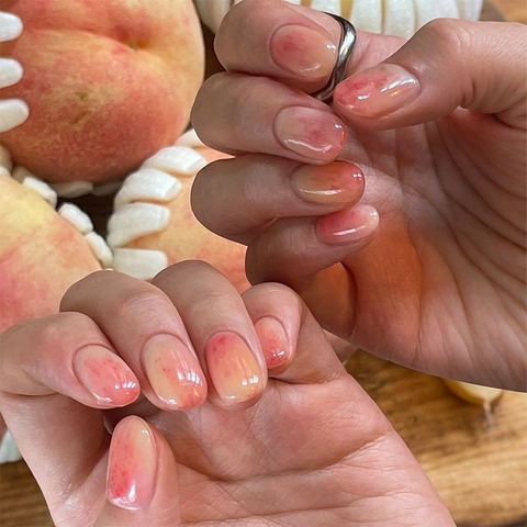 ABS Gradient Pink Peach Press On Nails Marble Texture Glossy Short Square Round Fake Nails For Women DIY Art Decoration