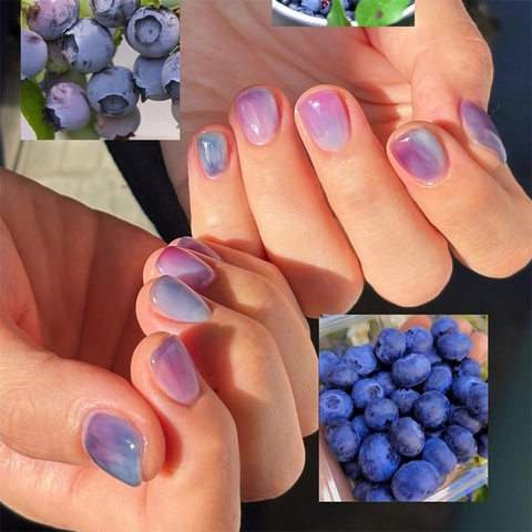 Unghie Finte Press On Sfumate Blu Lucide Corte Quadrate Stile Mirtillo Estate Manicure Per Donna