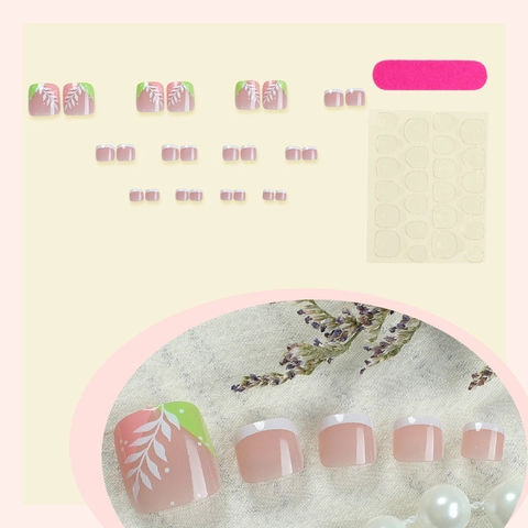 Uñas Postizas Para Pies Estilo Francés Rosa Patrón Hoja Blanca Verde Geométrico Cortas Mujeres Con Adhesivos