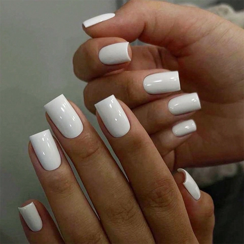 Unghie Finte Press On Bianche Lucide Square Coffin Unghie Artificiali Per Donne Manicure Quotidiana Resina ABS