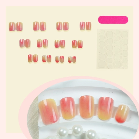 ABS Gradient Pink Peach Press On Nails Marble Texture Glossy Short Square Round Fake Nails For Women DIY Art Decoration
