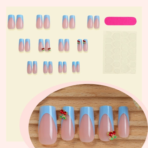 French Press On Nails With Cherry Rhinestone Decor Long Square False Nails Blue And Pink Sweet Style For Women
