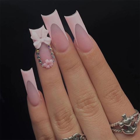Französische Rosa Matte Coffin Press On Nägel Mit 3D Bogen Blume Strass Farbverlauf Tragbare Falsche Nägel