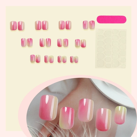 Press On Nails Short Square Gradient Purple Pink Yellow Glossy Resin Fake Nails For Women Summer Style Manicure