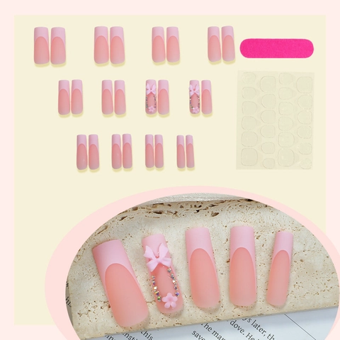 Französische Rosa Matte Coffin Press On Nägel Mit 3D Bogen Blume Strass Farbverlauf Tragbare Falsche Nägel