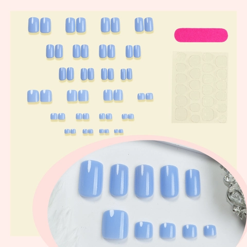 Glossy Sky Blue Press On Nails Short Square Solid Color Fake Finger And Toe Nails With Adhesive Tabs And Nail File