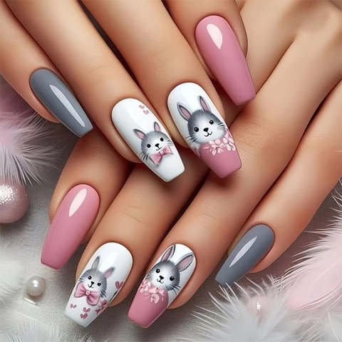 Long Coffin Press On Nails Cute Rabbit Pattern Pink Grey Ballerina Fake Nails With Adhesive Tabs DIY Manicure Women