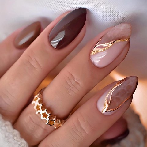 Almond Press On Nails Marble Pattern Gold Line Smudge Dark Brown Caramel Glossy Fake Nails With Adhesive Tabs And Nail File