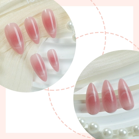Unghie Press On Occhio Di Gatto Sfumato Rosa Nude Forma Mandorla Lunghe Rimovibili Unghie Finte Francesi Con Linguette Adesive