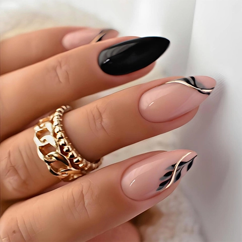 Amandel Press On Nagels Roze Zwart Marmer Blad Patroon Gouden Lijnen Afneembare Kunstnagels Dames