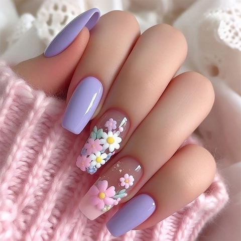 Aufklebbare Nägel Lange Sargform Lila 3D Blumenrelief Französisch Süß Gänseblümchen Künstliche Nägel Damen