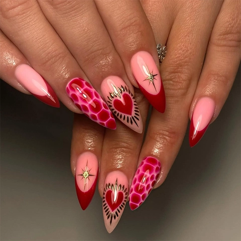Red Heart Starburst Press On Nails Short Square French Sweet False Nails For Women Daily Wear With Adhesive Kit