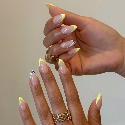 Press On Nails French Almond Long Lemon Yellow Polka Dot ABS False Nails Manicure Tool