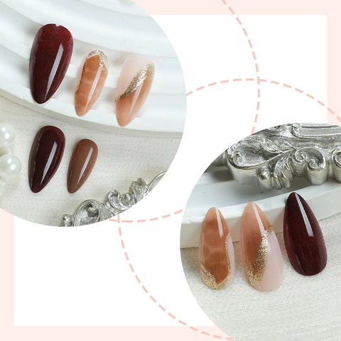 Almond Press On Nails Marble Pattern Gold Line Smudge Dark Brown Caramel Glossy Fake Nails With Adhesive Tabs And Nail File