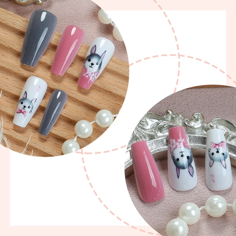 Long Coffin Press On Nails Cute Rabbit Pattern Pink Grey Ballerina Fake Nails With Adhesive Tabs DIY Manicure Women