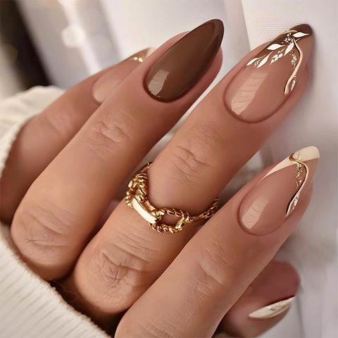 Unghie Finte ABS Marrone Nude Forma Mandorla Motivo Marmo Foglia Glitter Oro Elegante Francese Per Donne Con Adesivo