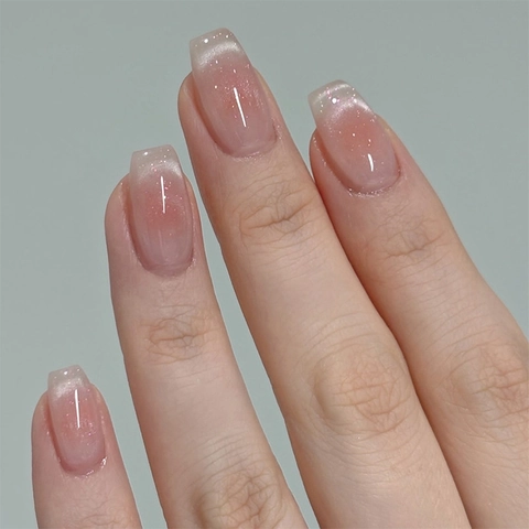 Cat Eye Press On Nägel Rosa Weißer Farbverlauf Glänzend Mittlere Eckige Ovale Künstliche Nägel Mit Klebe Tabs Und Nagelfeile
