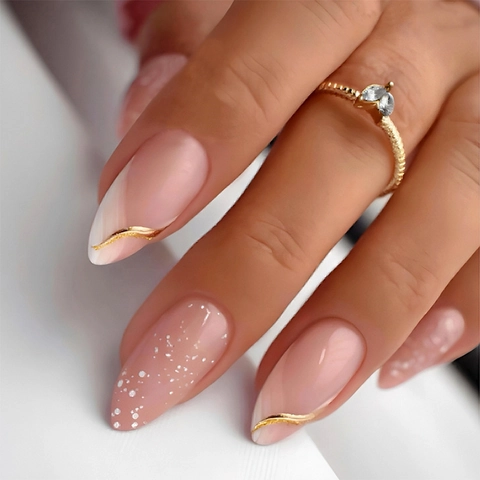 Mandel Drucknägel Nude Rosa Goldene Kurven Marmor Medium Elegant Französisch Maniküre Frauen Zubehör
