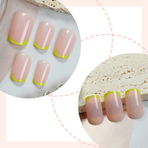 Faux Ongles À Presser French Manucure Jaune Néon Carré Court Base Nude Manucure Minimaliste Pour Femmes
