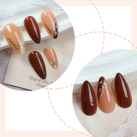 Unghie Finte ABS Marrone Nude Forma Mandorla Motivo Marmo Foglia Glitter Oro Elegante Francese Per Donne Con Adesivo
