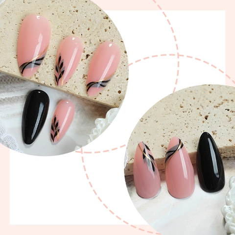 Amandel Press On Nagels Roze Zwart Marmer Blad Patroon Gouden Lijnen Afneembare Kunstnagels Dames