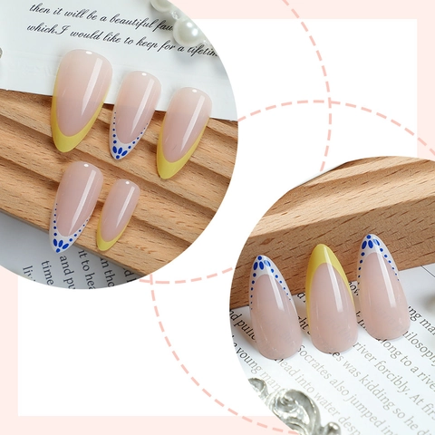 Press On Nails French Almond Long Lemon Yellow Polka Dot ABS False Nails Manicure Tool