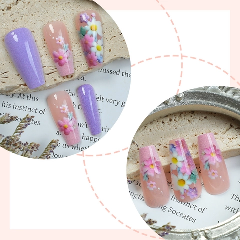 Aufklebbare Nägel Lange Sargform Lila 3D Blumenrelief Französisch Süß Gänseblümchen Künstliche Nägel Damen