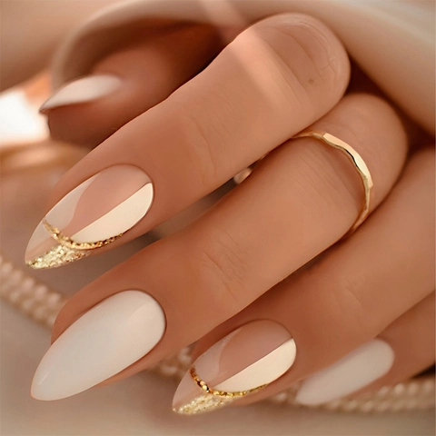 Unghie Finte Francesi Forma Mandorla Elegante Rosa Nude Beige Crema Linea Glitter Oro Manicure Fai Da Te Donna Lungo Medio