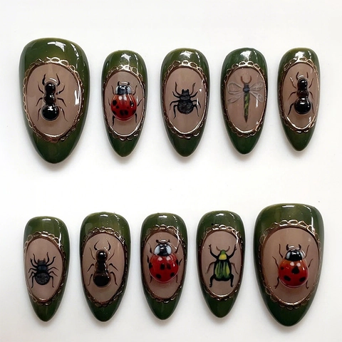 Almond Press On Nails Vintage Insect Relief Design Glossy Olive Green False Nails Ladybug Spider Art For Women