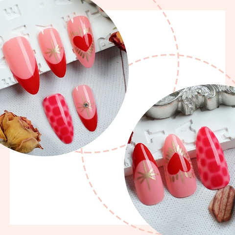 Red Heart Starburst Press On Nails Short Square French Sweet False Nails For Women Daily Wear With Adhesive Kit