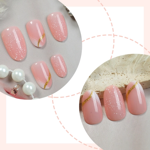 Mandel Drucknägel Nude Rosa Goldene Kurven Marmor Medium Elegant Französisch Maniküre Frauen Zubehör