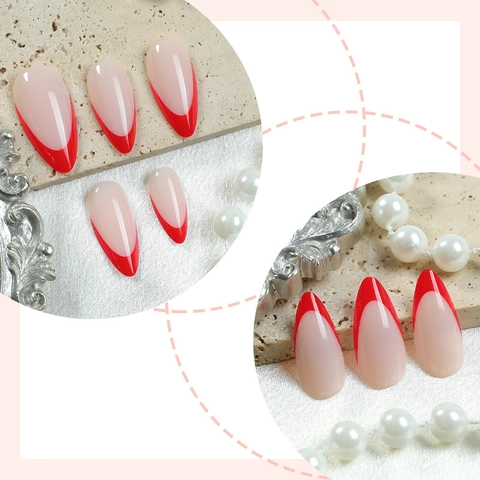 French Tip Press On Nails Almond Shape Red Edge Glossy Artificial Fake Nails Long Manicure For Women
