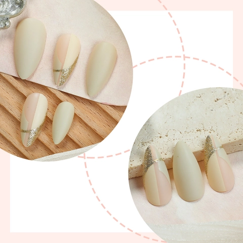Unghie Finte Francesi Forma Mandorla Elegante Rosa Nude Beige Crema Linea Glitter Oro Manicure Fai Da Te Donna Lungo Medio