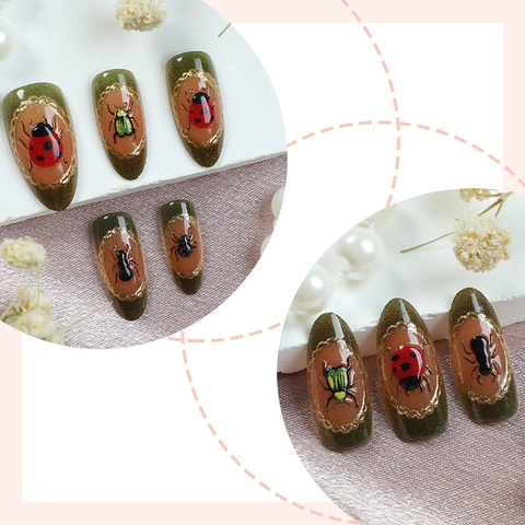Almond Press On Nails Vintage Insect Relief Design Glossy Olive Green False Nails Ladybug Spider Art For Women