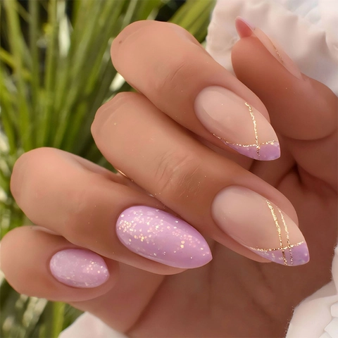 Uñas Postizas De Almendra Con Purpurina Dorada Estilo Francés Morado Nude Brillantes Con Pestañas Adhesivas Y Lima De Uñas