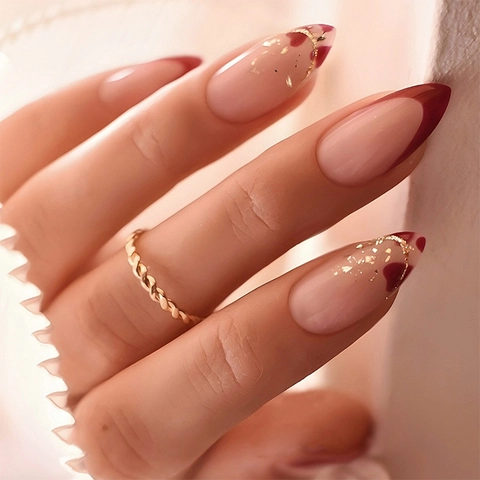 French Tip Red Heart Press On Nails Almond Shape Gold Foil Accents Long Artificial Fake Nails Elegant Manicure Tool