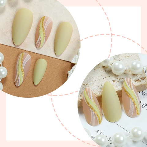 Press On Nagels Amandelvorm Gouden Golven Glitter Patroon Geel Nude Elegante Kunstnagels Franse Stijl Voor Dames