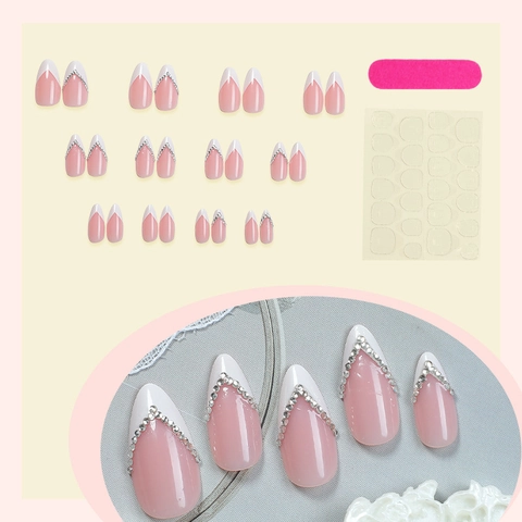 Faux Ongles Press On French V-Shape Blanc Forme Amande Avec Strass Argenté Élégant Résine ABS Manucure Brillante Pour Femmes