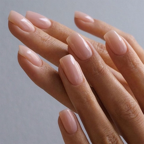 Press On Nails Short Square Shape Solid Nude Pink Glossy Jelly Texture Full Cover Detachable Fake Nails For Women