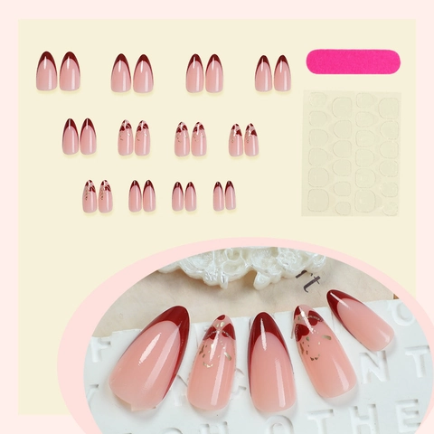 French Tip Red Heart Press On Nails Almond Shape Gold Foil Accents Long Artificial Fake Nails Elegant Manicure Tool