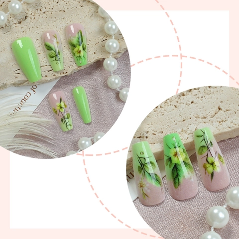 Lange Coffin Press On Nägel Blumenmuster Grün Rosa Glänzend Handgemalter Stil Tragbare Maniküre Für Frauen