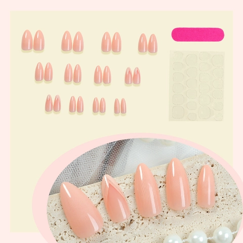 Französische Mandel Drucknägel Nude Pink Falsche Nägel Mit Gold V Linie Glänzend Einfache Elegante Maniküre Für Frauen