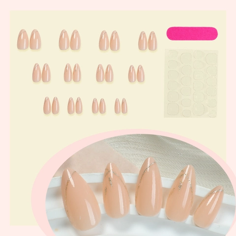 Uñas Postizas Francesas De Almendra Color Rosa Nude Elegante Diseño De Hojas Plateadas Con Purpurina Para Mujeres