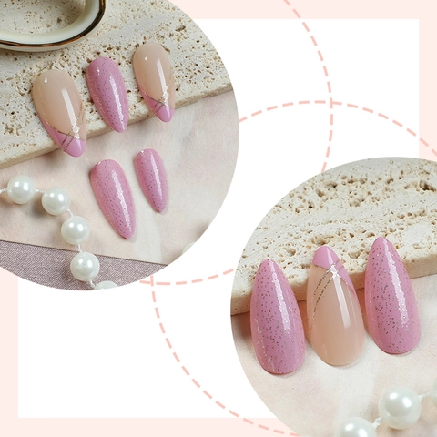 Uñas Postizas De Almendra Con Purpurina Dorada Estilo Francés Morado Nude Brillantes Con Pestañas Adhesivas Y Lima De Uñas