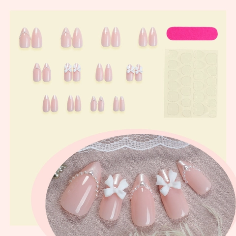 Unghie Finte Forma Mandorla Fatto A Mano Stile Francese Rosa Bianco 3D Fiocco Perla Artificial Decorazione Manicure Donne