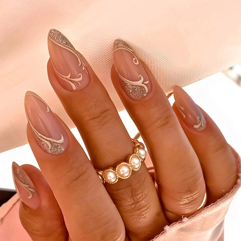 Uñas Postizas Press On Francesas Patrón Mármol Blanco Almendra Largo Rosa Nude Con Purpurina Dorada Para Mujeres